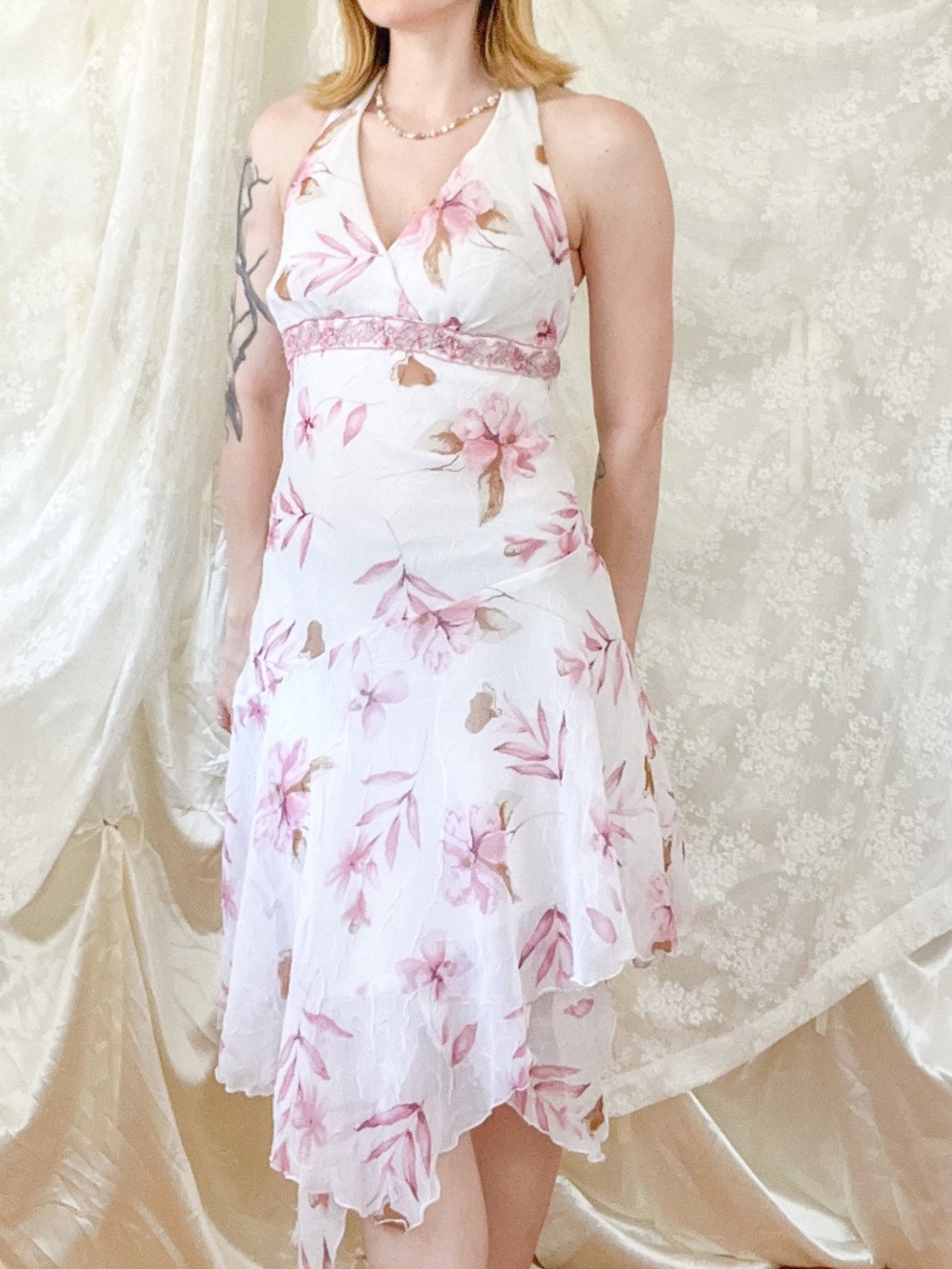 Y2K Pink Floral Beaded Fairy Halter Midi Dress